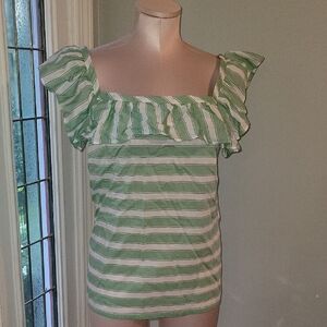 Ann Taylor Green and White Cap Sleeve Ruffled Blouse